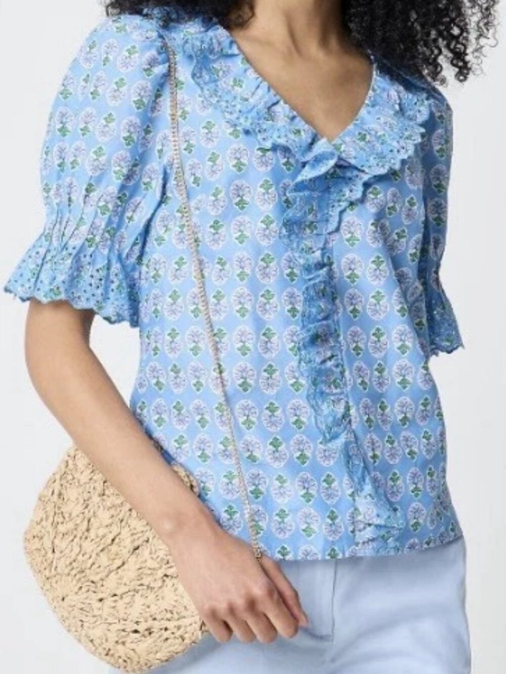 J. Crew Factory Eyelet Boho Cottagecore block print floral blouse Top size small